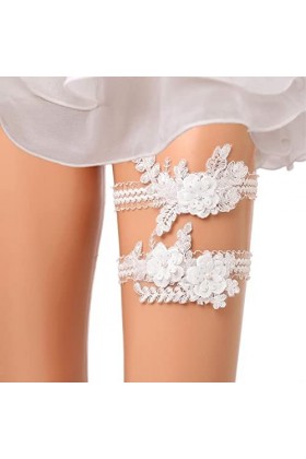 Flayem Jarretières de mariée en dentelle blanche avec fleurs et perles, jarretières de mariée avec strass et feuilles pour ma