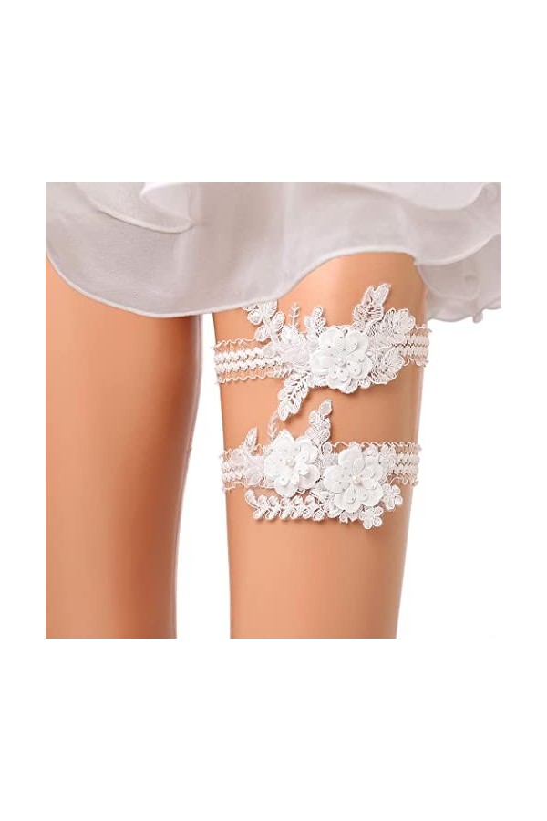 Flayem Jarretières de mariée en dentelle blanche avec fleurs et perles, jarretières de mariée avec strass et feuilles pour ma