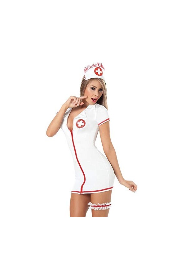 Baohooya Lingerie Sexy Femme Coquine Erotique Nightwear Tenue DInfirmièRe,Robe Et String Et Bandeau Et Serre-Jambe,4 PièCes 