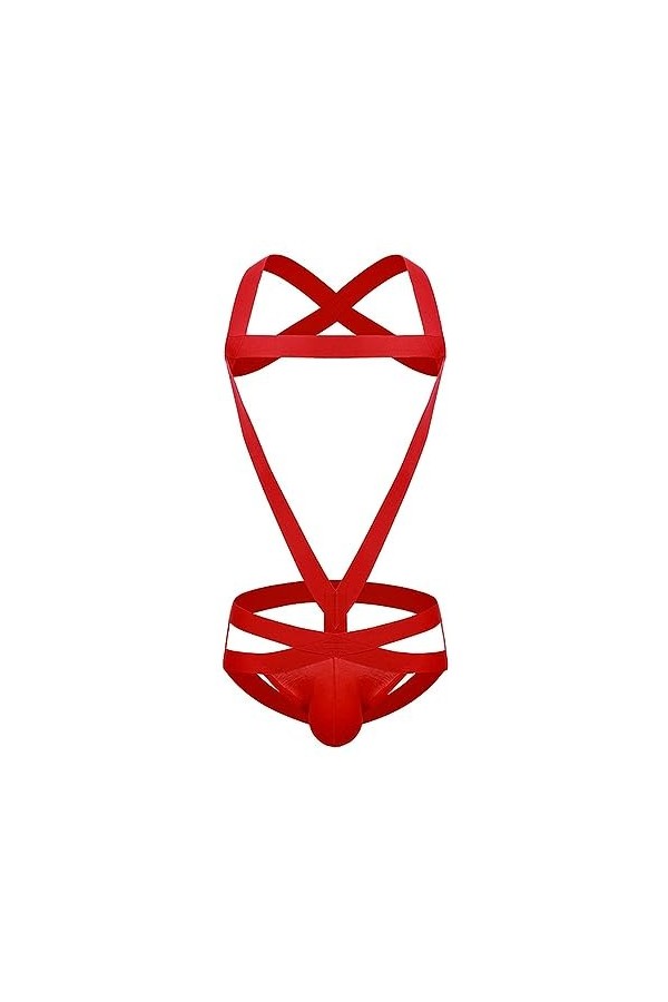 AYAZER Harnais Jockstrap élastique pour Homme, sous-vêtement Justaucorps Sexy, String, col Licou, Costume Une pièce, Rouge, L
