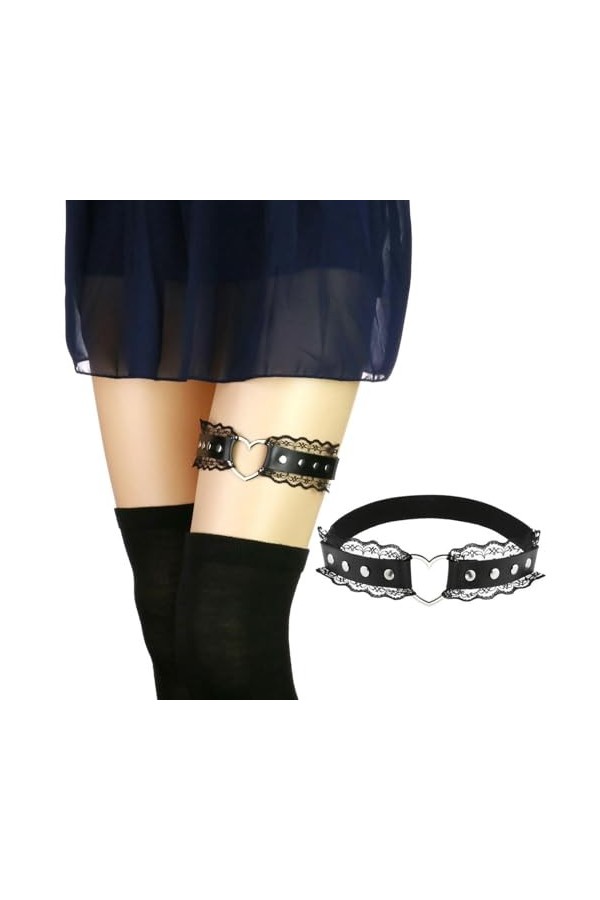 DOKLY Lot de 2 porte-jarretelles élastiques en cuir style punk gothique en forme de cœur pour femme