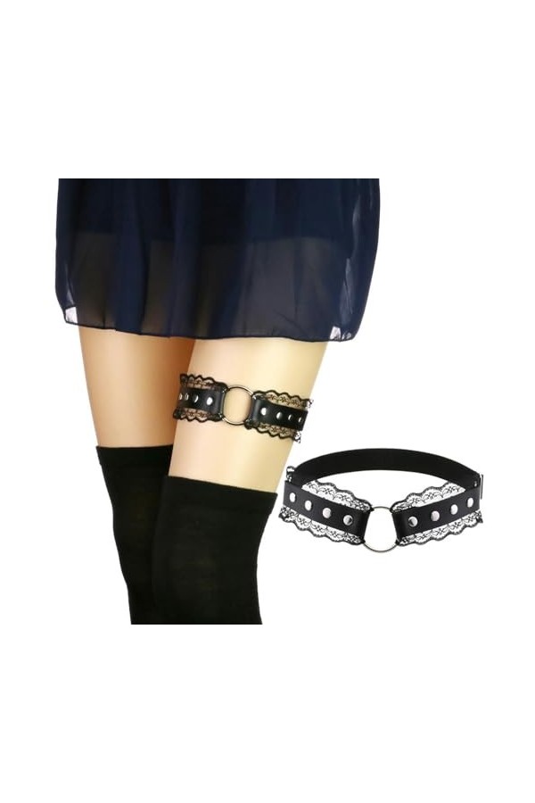 DOKLY Lot de 2 porte-jarretelles élastiques réglables en dentelle style punk gothique hip-hop pour chaussettes hautes