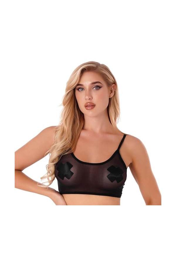 Sexy Lingerie Érotique Femme Lingerie Camisole Bralette en Maille Transparente,Noir,S