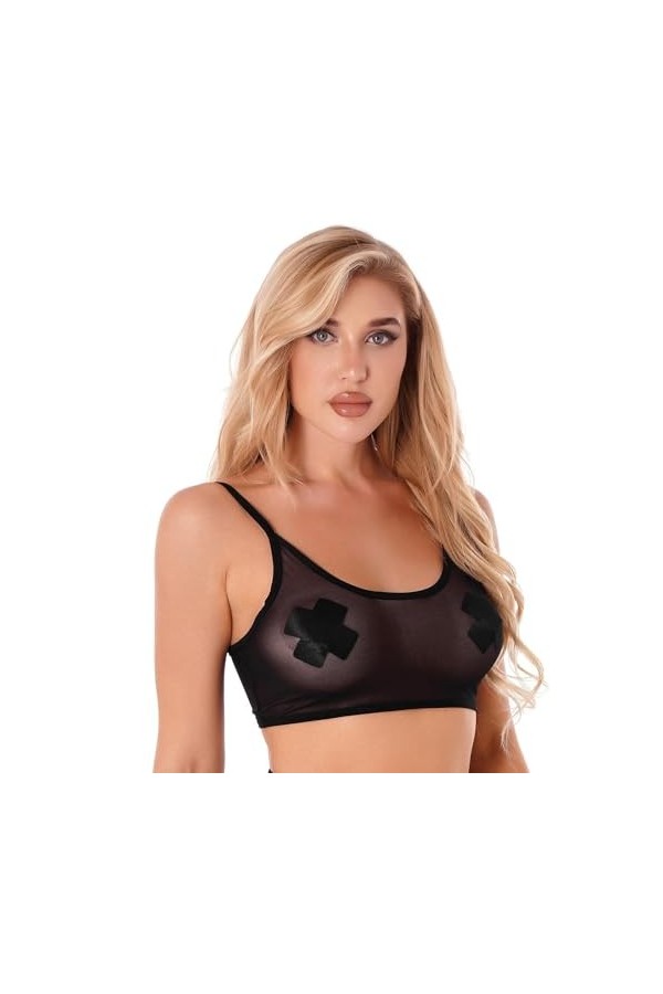 Sexy Lingerie Érotique Femme Lingerie Camisole Bralette en Maille Transparente,Noir,S