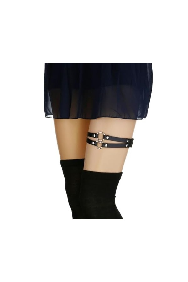 Lot de 2 porte-jarretelles élastiques en cuir punk en forme de cœur pour femme - Porte-jarretelles gothique hip-hop - Bijoux 