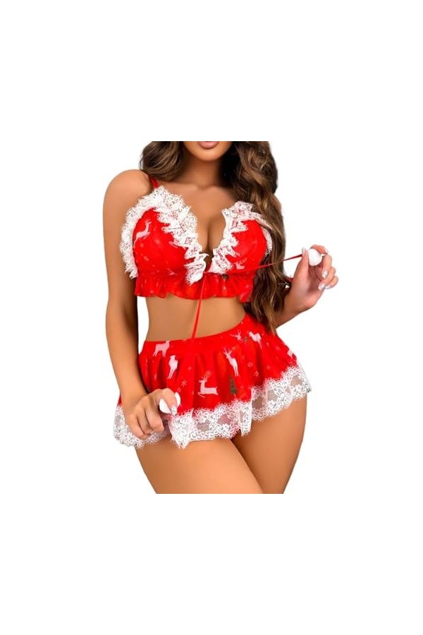 Pdakieyxnd sous-Vetements de Noël Feminins Sexy Rouge Valentin Lingerie Ouverte Chaud String Sexy Noir Collant Féminin Érotiq