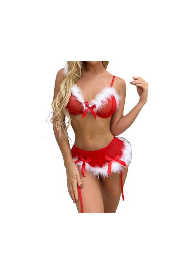 Pdakieyxnd sous-Vetements de Noël Feminins Sexy Noir Sensuelle Lingerie Rouge Valentin Body Coquin Sexy Collant Hot Ouverte C