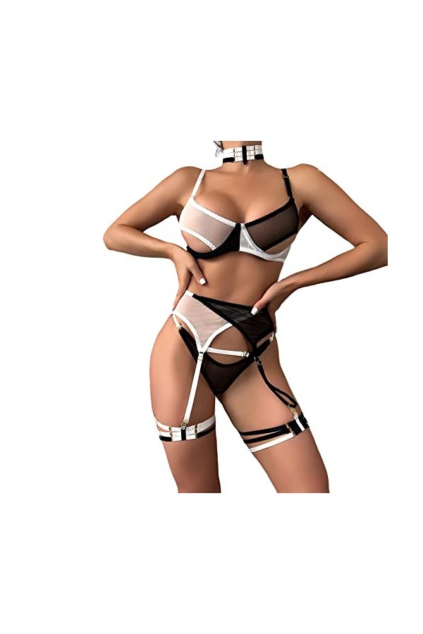 liaddkv Ensemble de lingerie sexy en maille élastique fine et transparente pour femme, Noir , XL