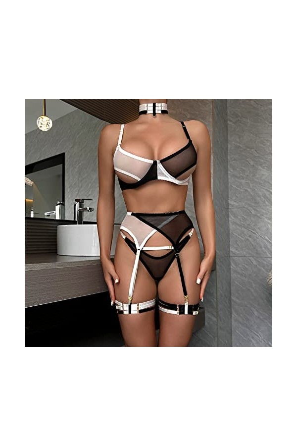liaddkv Ensemble de lingerie sexy en maille élastique fine et transparente pour femme, Noir , XL