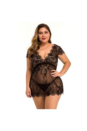PANPANY Nouvelles Femmes Sexy Plus La Taille V-Cou Dentelle Lingerie sous-Vêtements Sleepdress avec G-String Body Dentelle No