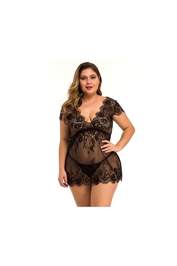 PANPANY Nouvelles Femmes Sexy Plus La Taille V-Cou Dentelle Lingerie sous-Vêtements Sleepdress avec G-String Body Dentelle No