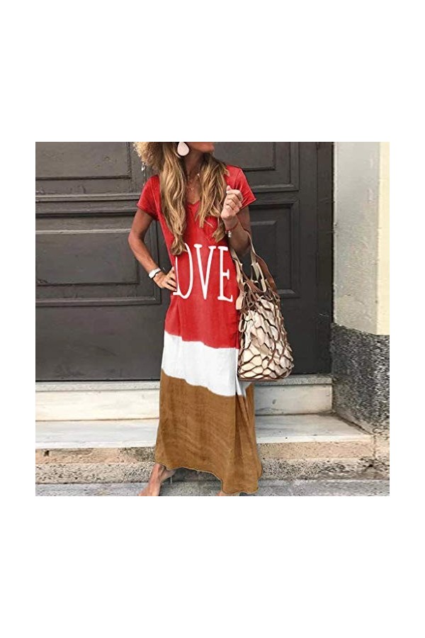 Jupe en Cuir Rouge Maxi Dress Block Daily Women V Tie-TEED Neck Sleeve Taille Robe pour Femmes Robe De Poupée Chère Red, S 