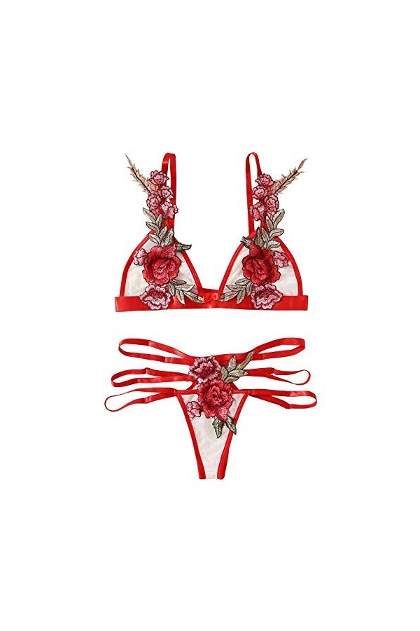 ZHIYU Lingerie sexy en dentelle pour femme - Rose - Bralette - Bralette - String - Broderie - Bustier rouge - Lingerie sexy, 