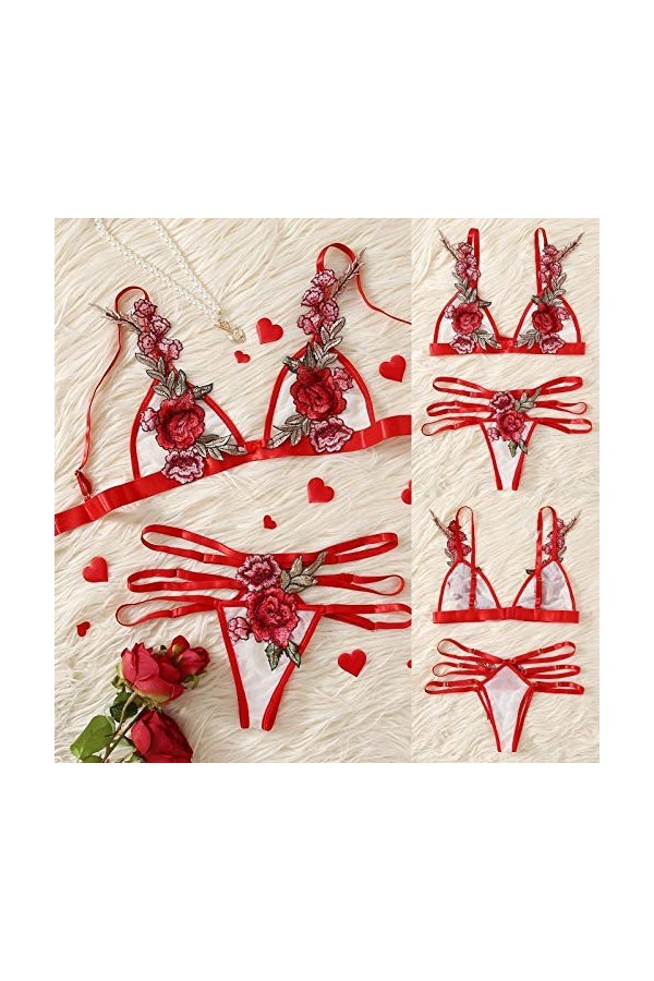 ZHIYU Lingerie sexy en dentelle pour femme - Rose - Bralette - Bralette - String - Broderie - Bustier rouge - Lingerie sexy, 