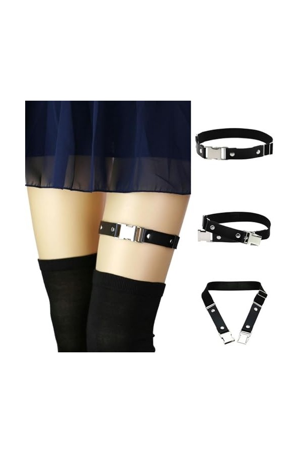 DOKLY Lot de 2 porte-jarretelles en cuir punk avec boucle élastique pour femme