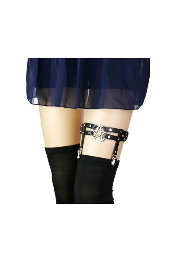 Black Sugar Unité Harnais Anneau Clous de Jambe en Cuir Double rangée Femme émotionnelle PU tête de Chat Pentagramme de Jambe