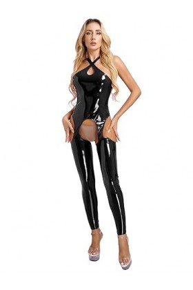 Kaerm Femme Jumpsuit Body Combinaison en Cuir Verni Brillant Métallique Nuisette Sexy Erotique Combinaison Catsuit Lingerie O