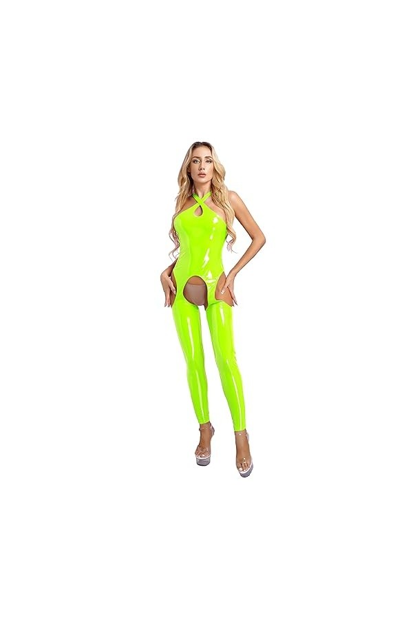 Runhomal Bodystocking Sexy Femme érotique Body Metallisé Justaucorps Latex Cuir Catsuit Bodysuit Jumpsuitlingerie Ouvert Entr