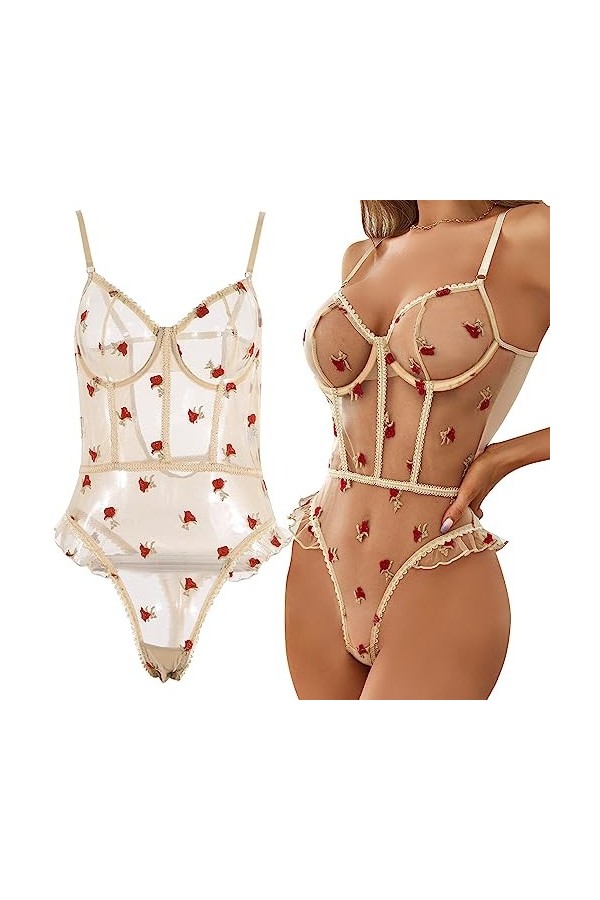 Lingerie décolière Sexy Combinaison en maille avec bretelles transparentes et lingerie sexy Lingerie dallaitement 85 I, bei