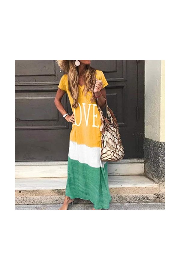 Jupe en Cuir Rouge Maxi Dress Block Daily Women V Tie-TEED Neck Sleeve Taille Robe pour Femmes Robe De Poupée Chère Yellow, 