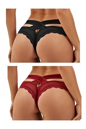ohmydear String Sexy Tanga Femme Sexy Chic Dentelle String Culottes Slips Femmes Croisées Creux Out Entrejambe en Coton M-L T