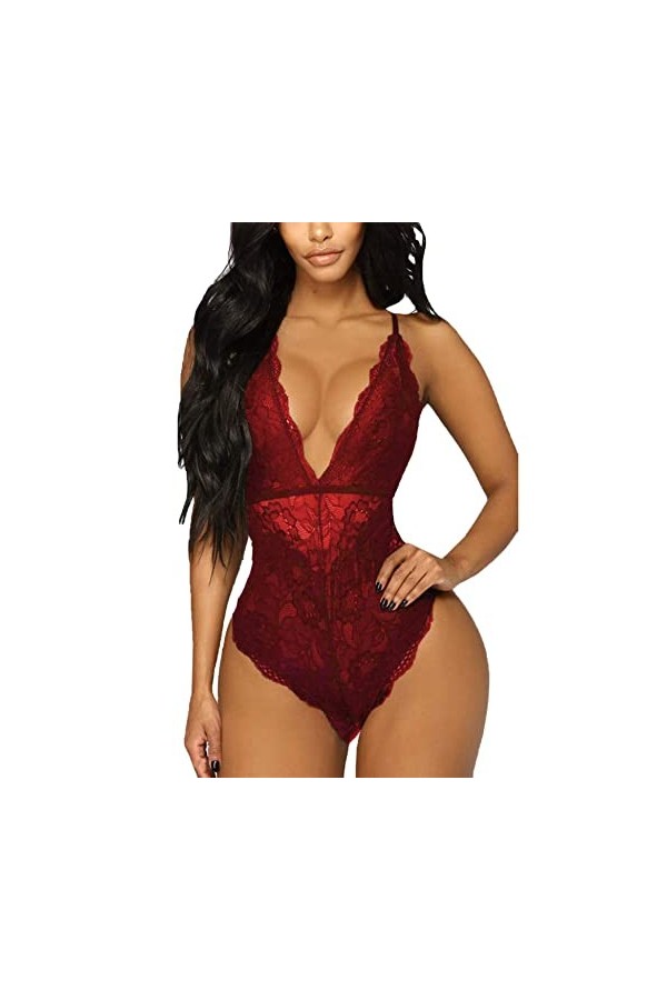 EVELIFE Body Femme Dentelle Col V sans Manche, Sexy Teddy Lingerie Dos Nu sous-Vêtements De Nuit, Babydoll Lingerie Transpare