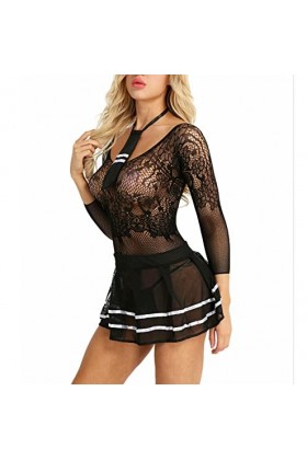 ROSVAY Sexy Transparent Costume Cosplay Écolière Femme Perspective Écolière Cosplay Lingerie Jeu de rôle Uniforme Coquine 3pc