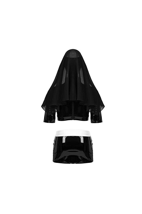 ranrann Déguisement Nonne Femme Sexy Mini Jupe Moulante Cuir Crop Top Transparent Ouvert Coiffe Brillant Jeu de Role Erotique