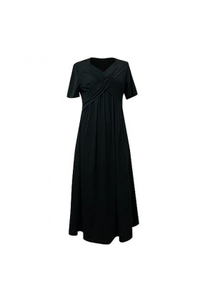 Mesdames col en V Manches Courtes Robe de Couleur Unie Mode Robe Longue Ample Robe Festive AE-Black, XXXXL 