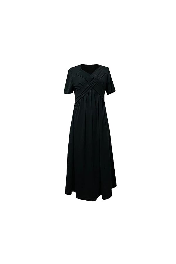 Mesdames col en V Manches Courtes Robe de Couleur Unie Mode Robe Longue Ample Robe Festive AE-Black, XXXXL 