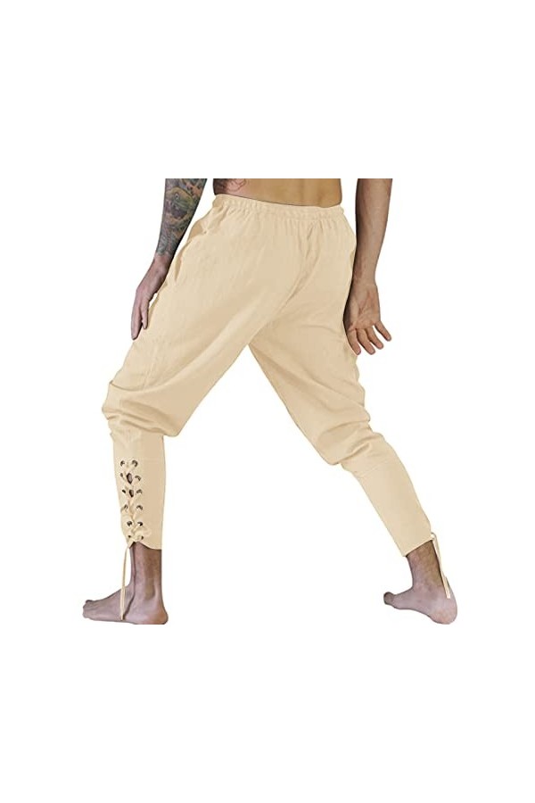 Pantalon de jogging pour homme - Style décontracté - Style rétro - Avec lanière - Dentelle - Style classique, beige, XL