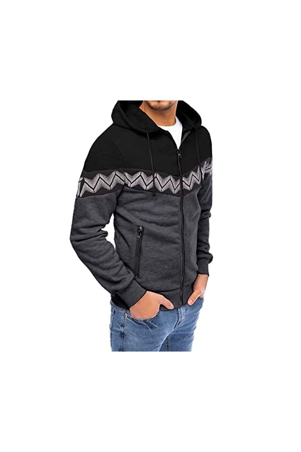 Zannycn Sweat à capuche zippé pour homme à pois stéréo, courbe, imprimé, épissure, fermeture éclair, sweat-shirt à capuche, s