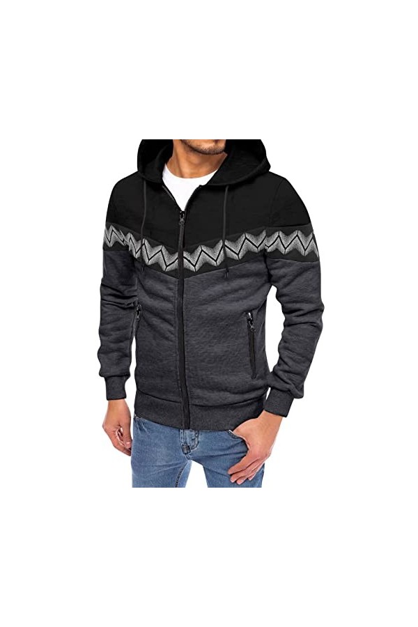 Zannycn Sweat à capuche zippé pour homme à pois stéréo, courbe, imprimé, épissure, fermeture éclair, sweat-shirt à capuche, s