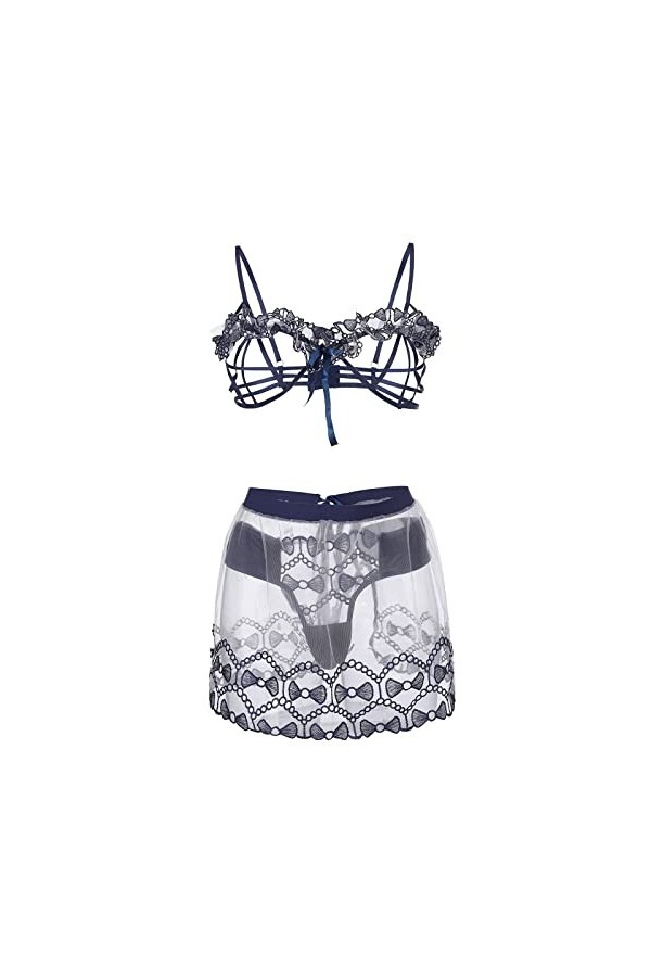 Lingerie Sexy Femme Femmes Acier sans Soutien-Gorge 3PC Costume Sexy Jupe sous-vêtements Mini brodé nœud Maille Culotte Linge