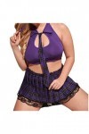 liaddkv Costume de Noël sexy pour femme - Jupe rouge à carreaux - Jarretière - Lingerie - Cadeaux pour femme - Violet - Taill
