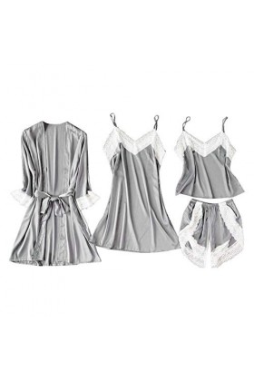 Lingerie sexy 4 pièces Sous-vêtements Chemise de nuit sexy Vêtements de nuit Col en V Satin Vêtements de nuit Bandoulière rég