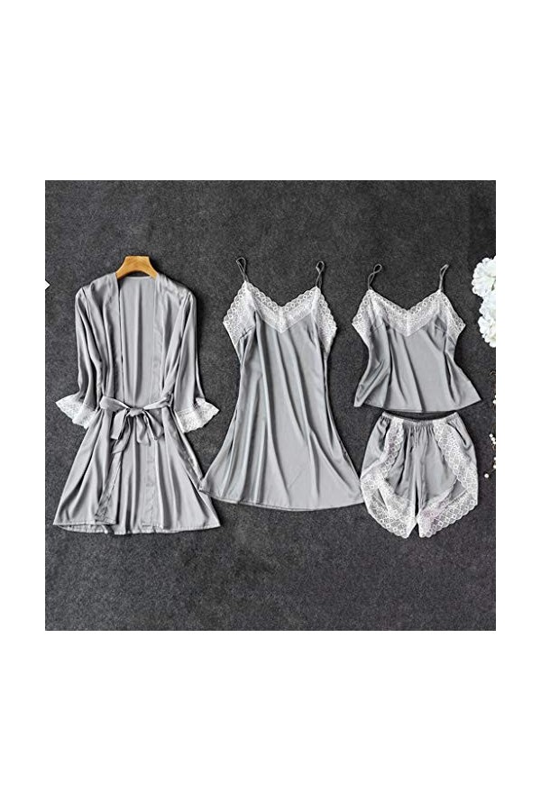 Lingerie sexy 4 pièces Sous-vêtements Chemise de nuit sexy Vêtements de nuit Col en V Satin Vêtements de nuit Bandoulière rég