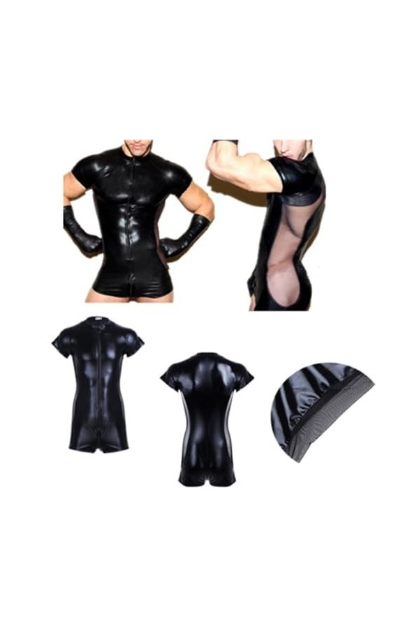Gefomuofe Combinaison en cuir verni pour homme - Aspect cuir - Maillot de lutteur - Chemise en cuir verni - Combinaison - Com