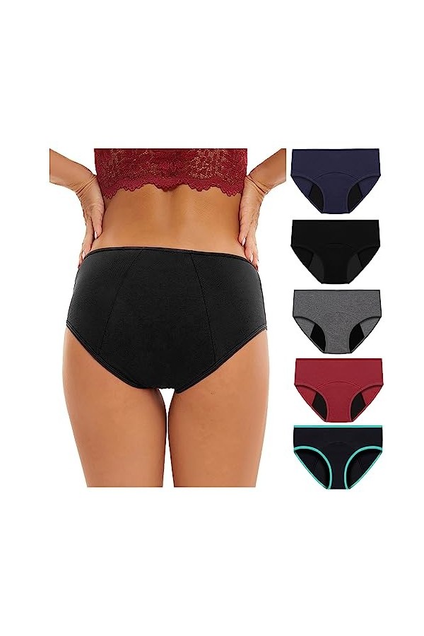 Lomhmn Lot de 1/2/3/4/5 Culottes de Fuite menstruelle pour Femme Coupe Confortable Couleur Unie Culotte Courte Taille Basse C