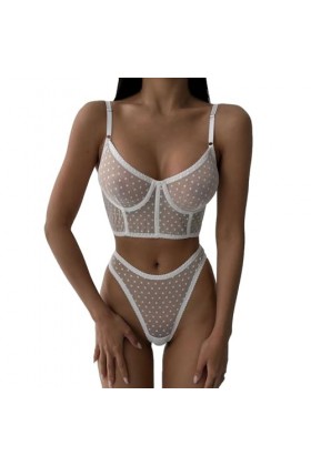 DUHGBNE Ensemble de lingerie sexy à armatures avec bretelles push-up mignonnes et tissu en maille brodée - Culotte transparen
