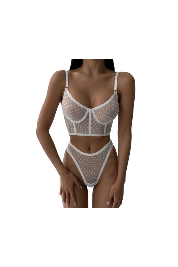 DUHGBNE Ensemble de lingerie sexy à armatures avec bretelles push-up mignonnes et tissu en maille brodée - Culotte transparen