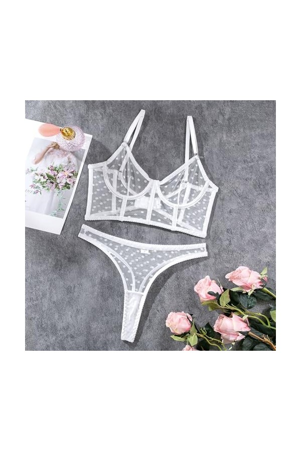 DUHGBNE Ensemble de lingerie sexy à armatures avec bretelles push-up mignonnes et tissu en maille brodée - Culotte transparen