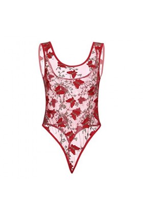 JumpAnzüge Tedy Dentelle Broderie Body Combinaison Sous-vêtements sans bretelles Pyjamas Sous-vêtements Femmes Sexy, rouge, M