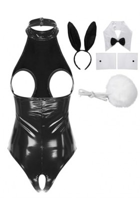 JEATHA Costume De Lapin Sexy Femme Bodysuit Sexy Ouvert Poitrine Catsuit Similicuir Sans Manches Ensemble Lingerie Séduction 