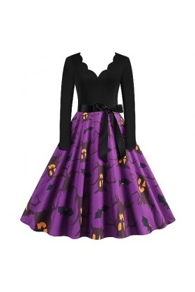 Robe De Jour Été Citrouille Fleur col en V Manches Longues Impression Sexy Grande Robe trapèze Robe Hiver Rouge Et Blanc Pur