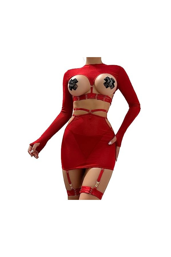 liaddkv Ensemble de lingerie sexy en dentelle creuse pour femme avec anneaux de jambe, rouge, XL