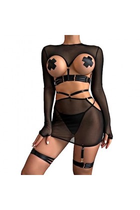 liaddkv Ensemble de lingerie sexy en dentelle creuse pour femme avec anneaux de jambe, Noir , XL