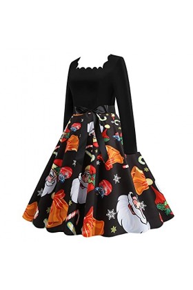 Robe de Noël pour femme - Imprimé Hepburn - Vintage - Grande taille - Manches longues - Col carré - Mini robe décontractée - 