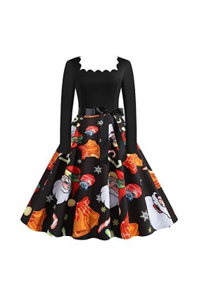 Robe de Noël pour femme - Imprimé Hepburn - Vintage - Grande taille - Manches longues - Col carré - Mini robe décontractée - 