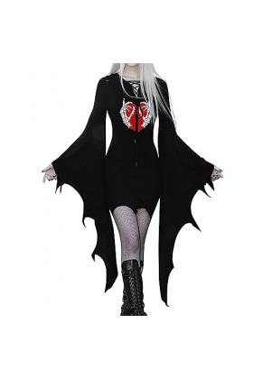 Costume dHalloween pour femme - Manches chauve-souris - Col en V - À lacets - Mini sexy - Bodycon - Gothique sombre - Vampir